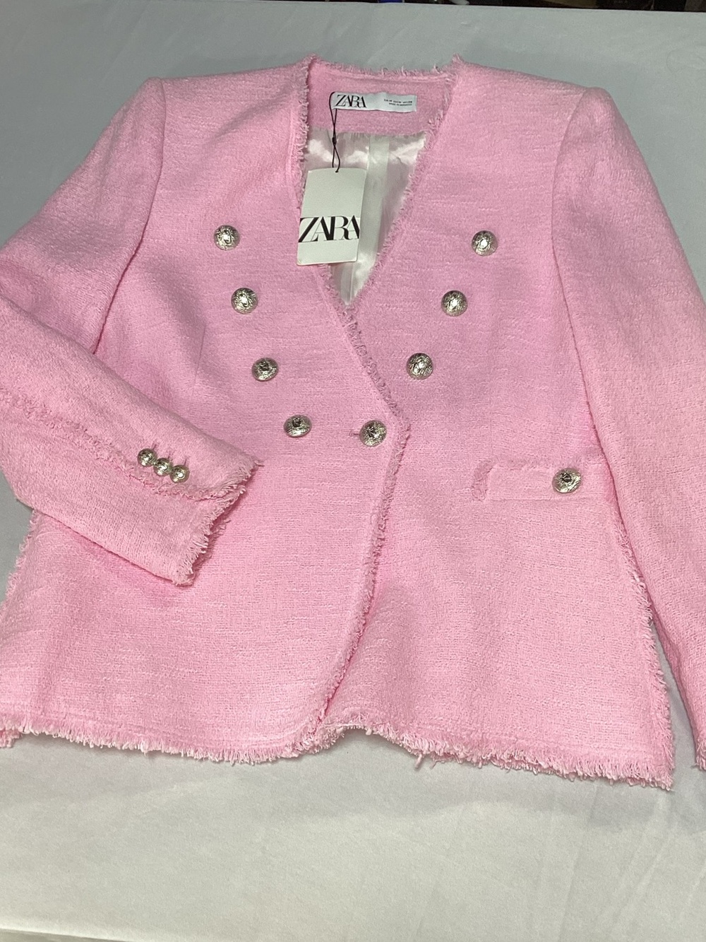 ZARA Light Pink Tweed Double-Breasted Blazer - Picture 4 of 14